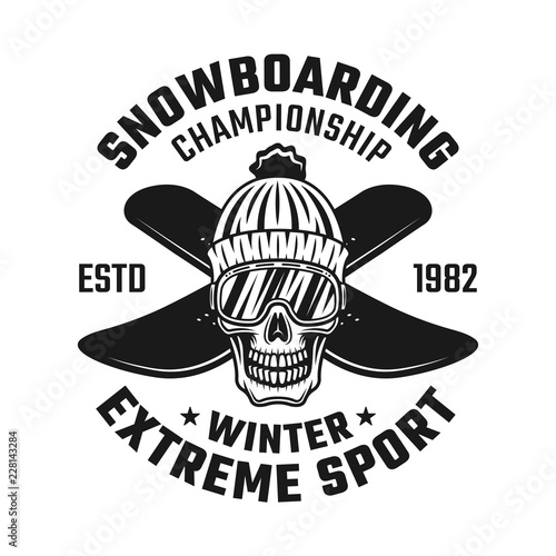 Skull of snowboarder in knitted hat and two boards
