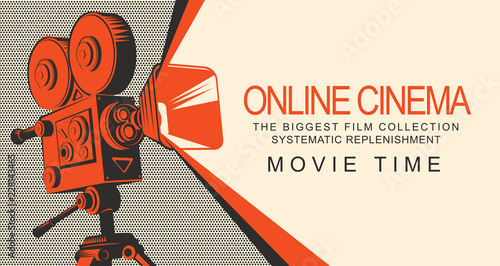 Vector online cinema poster with old fashioned movie projector. Vintage retro movie camera with light. Online cinema concept. Movie time. Can be used for flyer, banner, poster, web page, background