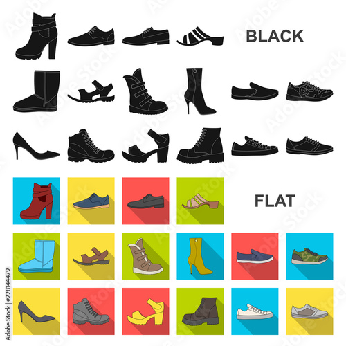 Different shoes flat icons in set collection for design. Men and women shoes vector symbol stock web illustration.