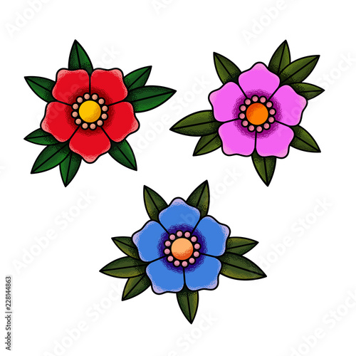 Fototapeta Naklejka Na Ścianę i Meble -  Flowers old school tattoo. Set of colors red, pink, blue. The texture of the noise. Isolated on white background. Vector illustration.