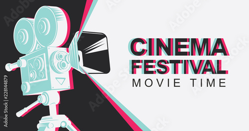 Cinema festival poster with old fashioned movie projector. Vintage movie camera with light. Vector background with words Movie time. Can be used for flyer, banner, poster, web page, background