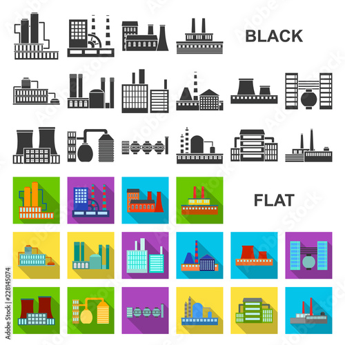 Factory and facilities flat icons in set collection for design. Factory and equipment vector symbol stock web illustration.