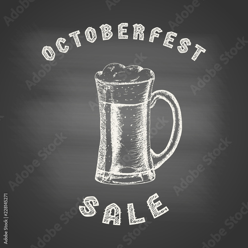 Octoberfest sale - chalk drawing of a glass mug with beer and beer foam overflowing over the edge on chalkboard. Hand drawn sketch in vintage engraving style. Vector illustration for Oktoberfest.