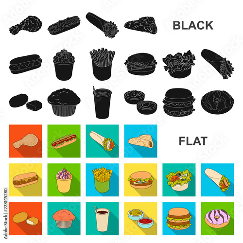 Fast food flat icons in set collection for design.Food from semi-finished products vector symbol stock web illustration.