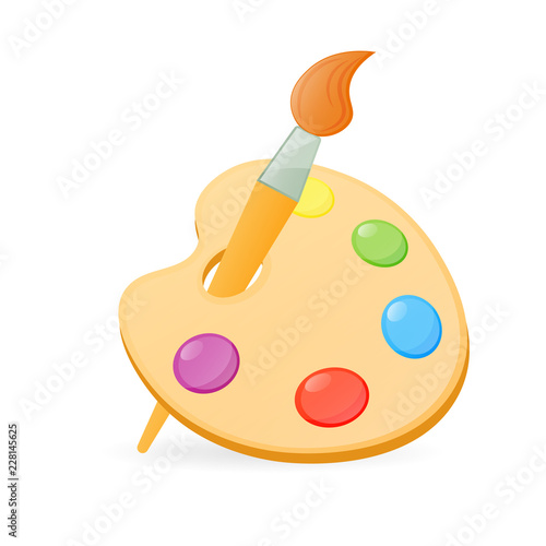 Wooden paint palette with brush icon. Clipart image isolated on white background