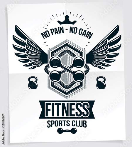 Heavy load power lifting championship advertising poster. Vector composition of dumbbell sand kettle bell sport equipment. No pain, no gain lettering.