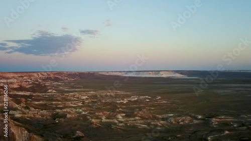 On the Ustyurt Plateau. Desert and plateau Ustyurt or Ustyurt plateau is located in the west of Central Asia, Karakalpakstan particulor in Kazakhstan, Turkmenistan and Uzbekistan. Arial dron shoot. 