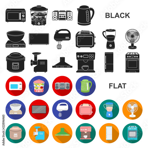 Types of household appliances flat icons in set collection for design.Kitchen equipment vector symbol stock web illustration.