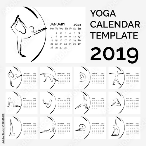 Calendar 2019 with yoga poses vector illustration