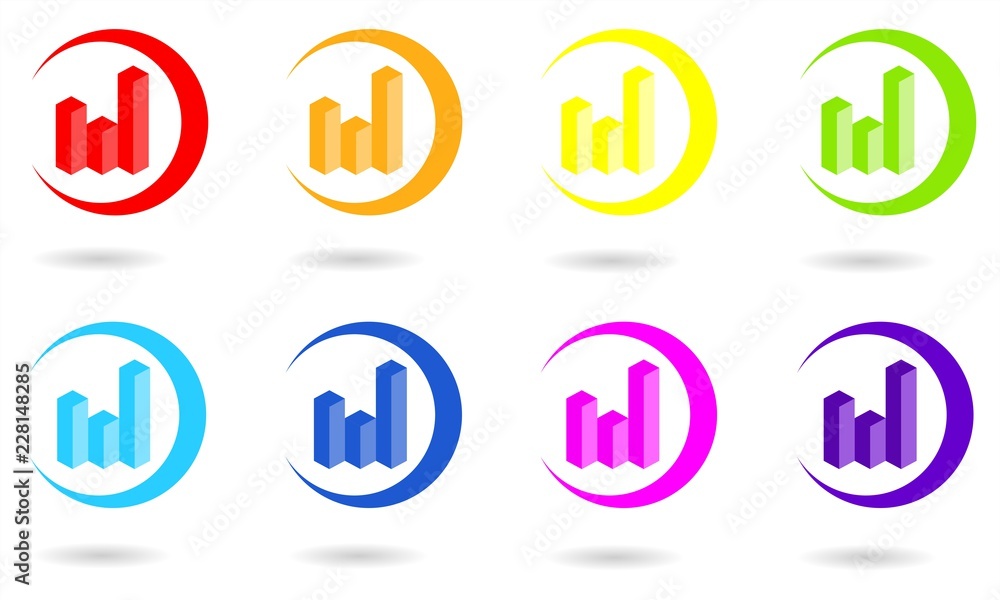 Set of circle icons with 3D diagram or chart in rainbow colors. Vector graphic illustration. Set of circle icons with 3D diagram or chart in rainbow colors. Vector graphic illustration.