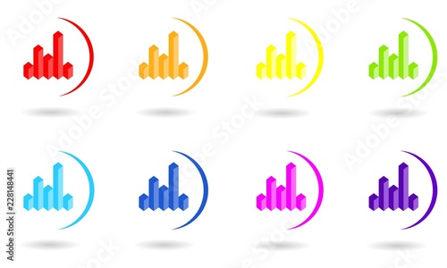 Set of circle icons with 3D diagram or chart in rainbow colors. Vector graphic illustration.