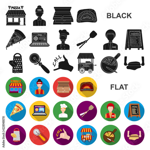 Pizza and pizzeria flat icons in set collection for design. Staff and equipment vector symbol stock web illustration.