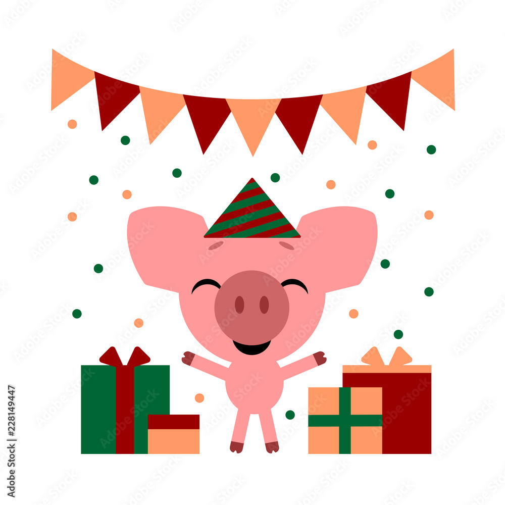 Obraz premium Happy birthday. Funny little pig cartoon emoji characte. Vector illustration.