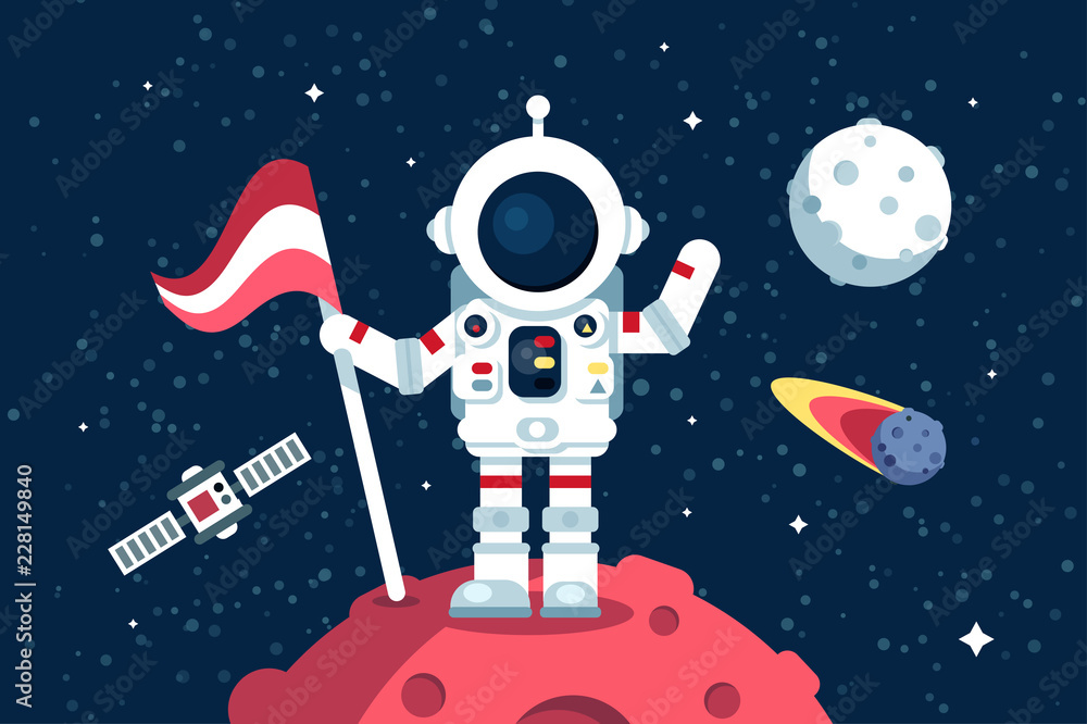 Fototapeta premium Astronaut in space suit standing on moon with flag