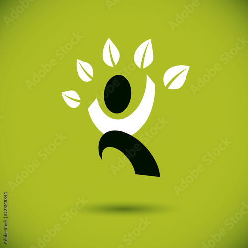 Vector illustration of excited abstract person with raised hands up. Go green idea creative logo. Vegetarian theme icon. Wellness and harmony symbol.