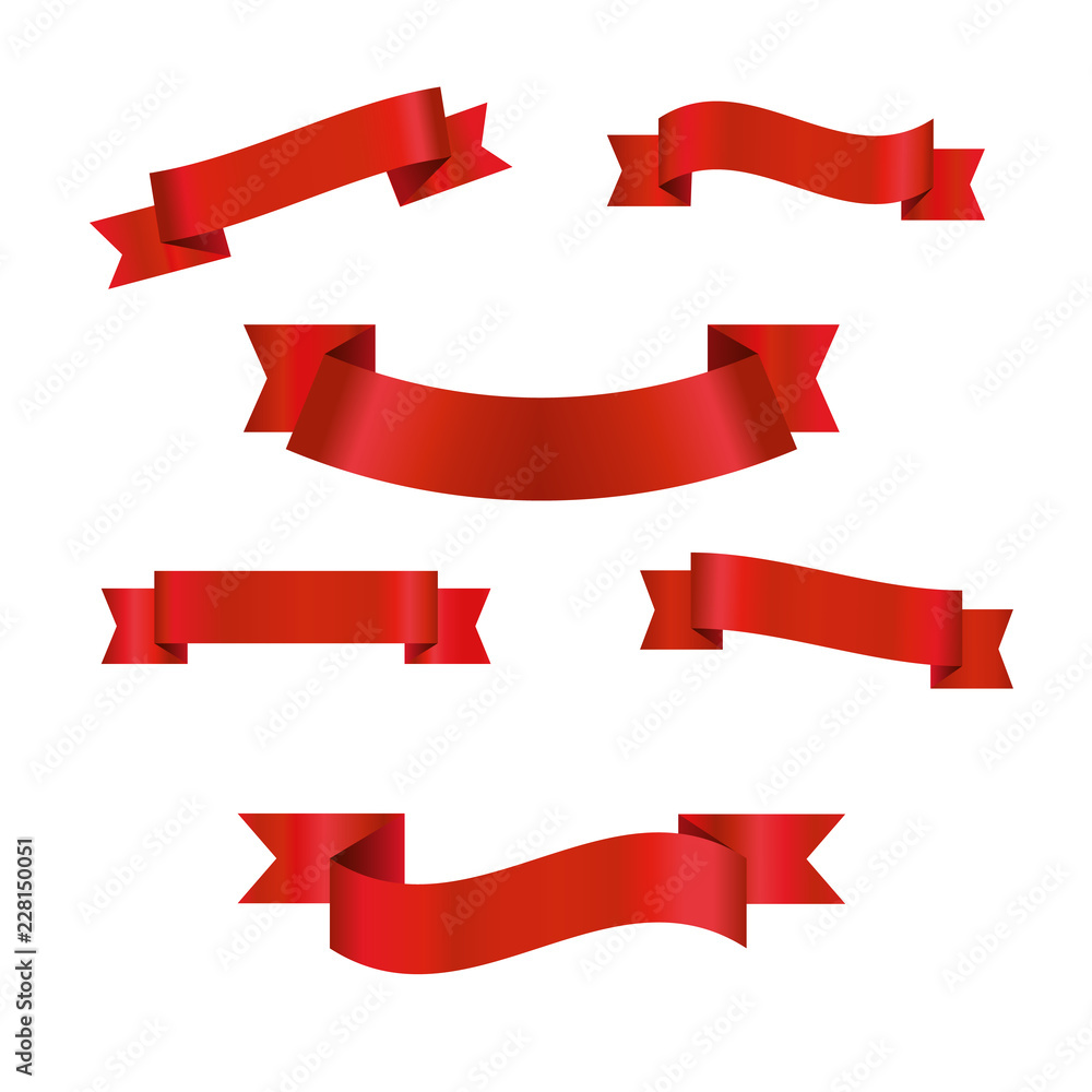 Red glossy ribbon vector banners set
