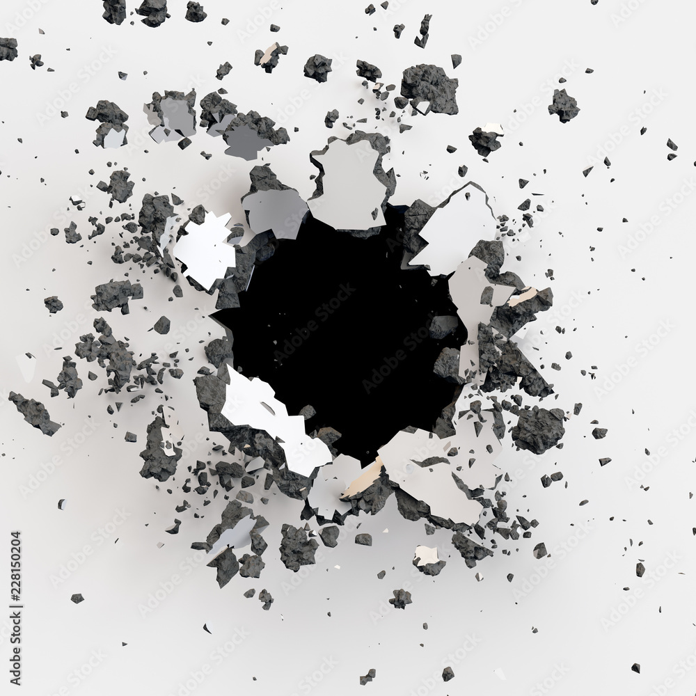 3d render, broken wall, abstract background,explosion, colorful edge, bullet hole, destruction, digital illustration