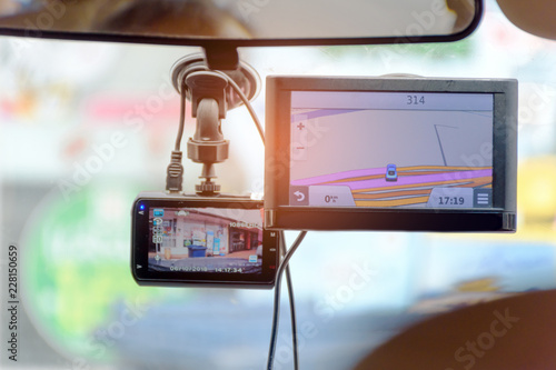 CCTV car camera with Navigator Map.Dashboard camera for accident recording, screen with street view.  photo