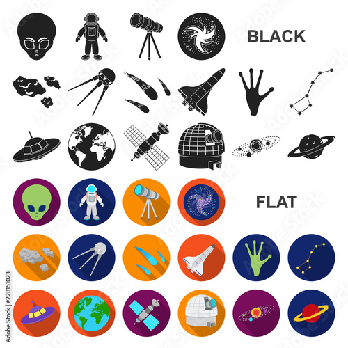 Space technology flat icons in set collection for design.Spacecraft and equipment vector symbol stock web illustration.