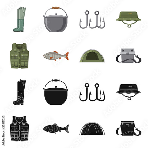 Vector illustration of fish and fishing symbol. Set of fish and equipment vector icon for stock.