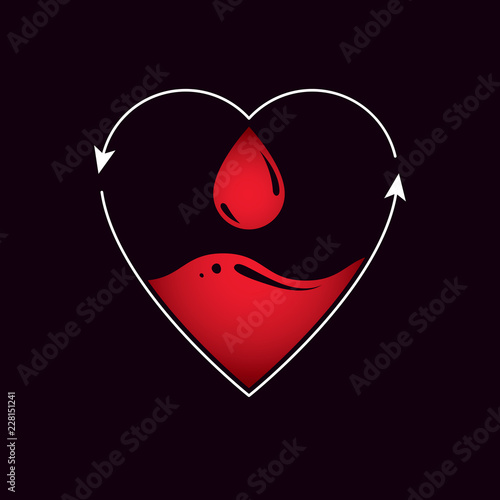 Vector red heart with blood circulation inscription with direction arrows. Blood transfusion metaphor, medical care emblem for use in pharmacy.