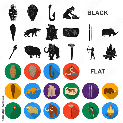 Life in the Stone Age flat icons in set collection for design. Ancient people vector symbol stock web illustration.