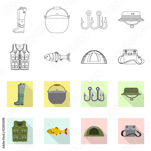 Vector illustration of fish and fishing symbol. Collection of fish and equipment stock symbol for web.