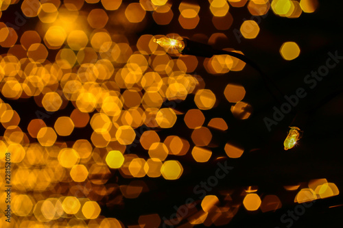 Abstract beautiful blurred yellow and orange hexagon bokeh from Ornamental lights flickering in the park. Background for celebrate, xmas, new year party concept