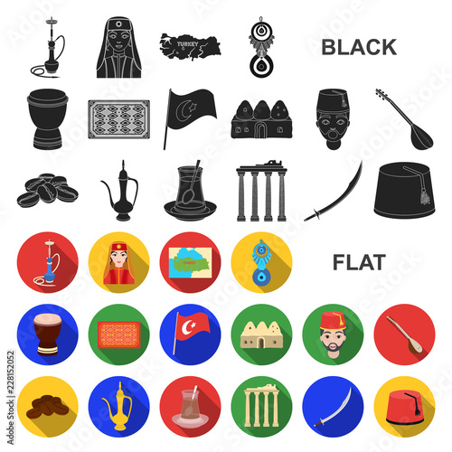 Turkey country flat icons in set collection for design.Travel and attractions vector symbol stock web illustration.