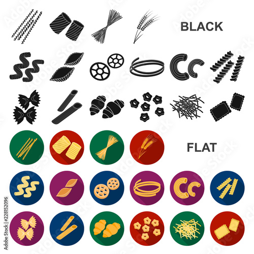 Types of pasta flat icons in set collection for design. Figured macaroni for eating vector symbol stock web illustration.