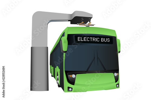Green electric bus at a stop is charged by pantograph. Vector illustration EPS 10
