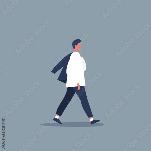Young modern character walking with jacket over shoulder. Lifestyle. Flat editable vector illustration, clip art