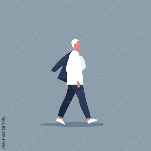 Young modern character walking with jacket over shoulder