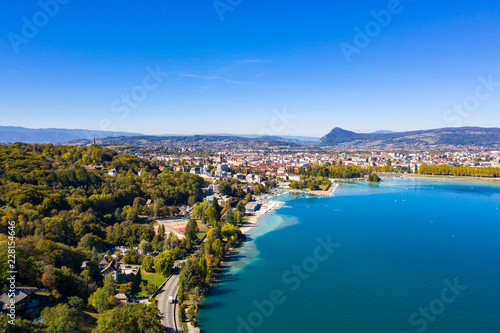 Aerial view of Annecy lake waterfront in France