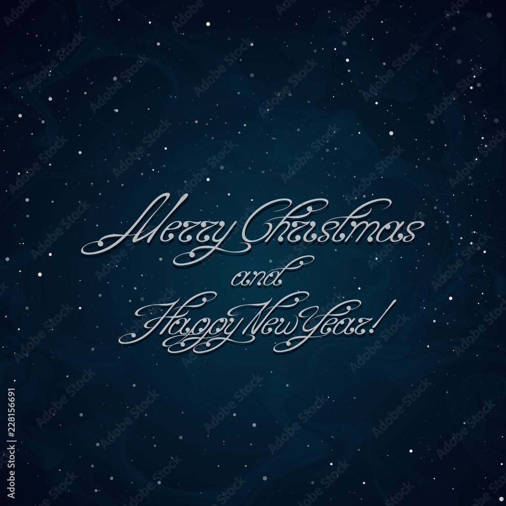 Merry Christmas and Happy New Year inscription on the snow-covered background. Swirl handwritten text. Useful for greeting cards and holiday banners. Vector, EPS 10 Merry Christmas and Happy New Year inscription on the snow-covered background. Swirl handwritten text. Useful for greeting cards and holiday banners. Vector, EPS 10