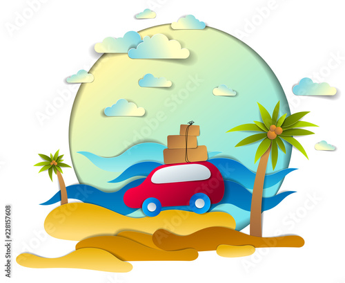 Red car with baggage in scenic seascape with beach and palms, waves, clouds in the sky, paper cut style vector illustration of summer holidays travel and tourism, family or friends.