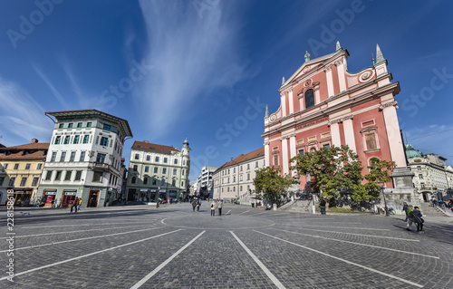 Preseren square with Franciscan Church of the Annunciation in the center of Ljubljana, Slovenia photo