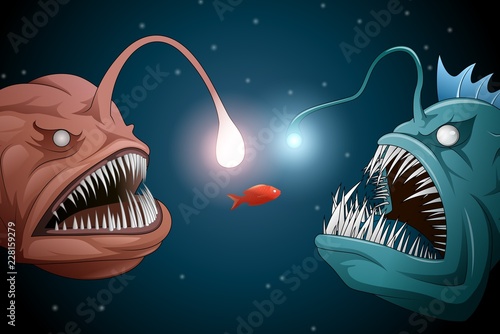 Anglerfish mouth on dark background. Luminous bait and anglerfish teeth. Vector illustration photo