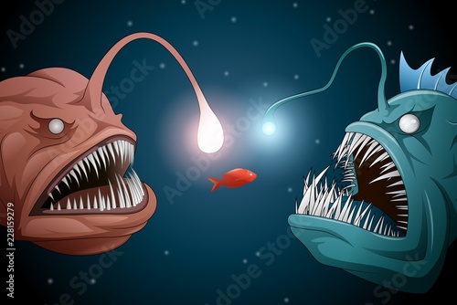 Anglerfish mouth on dark background. Luminous bait and anglerfish teeth. Vector illustration