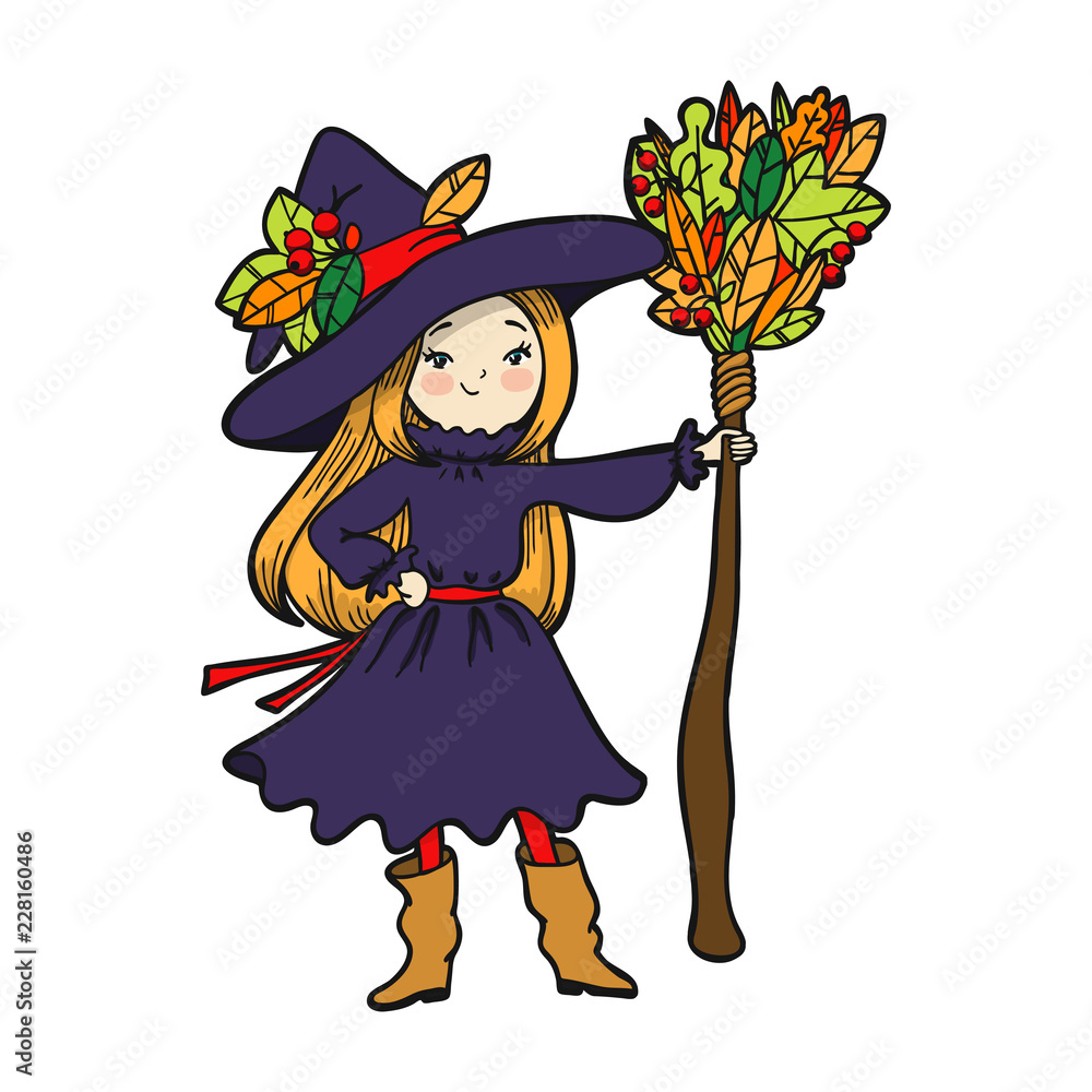 Cute little witch with a broom. Vector illustration. Cute little witch with a broom. Vector illustration.
