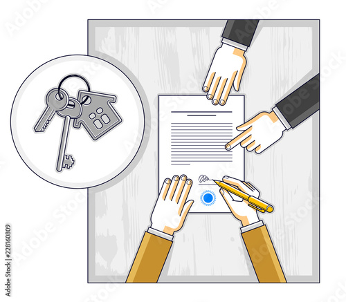 Man signs bank mortgage hypothec for real property house buying and employee explains terms of loan credit, top view of desk with people hands and paper documents. Vector illustration.