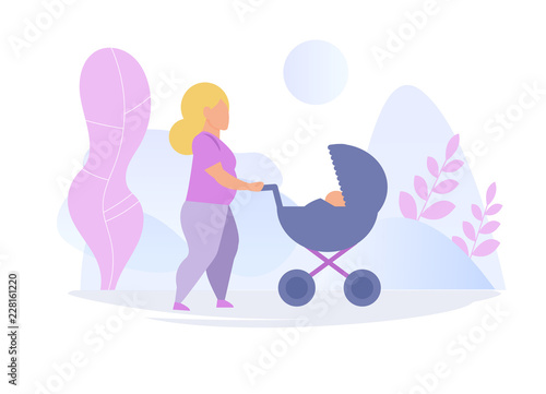 Pregnant woman walking with baby in stroller Vector. Cartoon. Isolated art on white background.