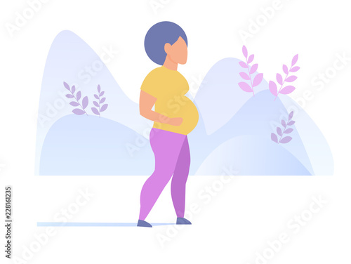 Pregnant woman walking in park Vector. Cartoon. Isolated art on white background.