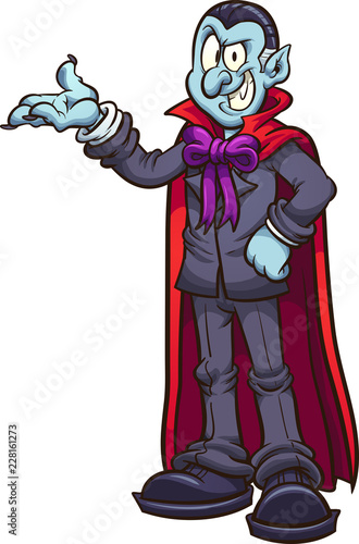 Cartoon vampire showcasing something.  Vector clip art illustration with simple gradients. All in a single layer. 