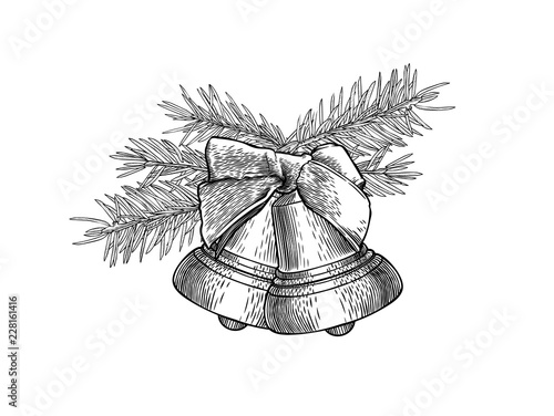Engraved hand drawn fir branches with bell and red bow isolated on white background. Christmas wreath, composition.