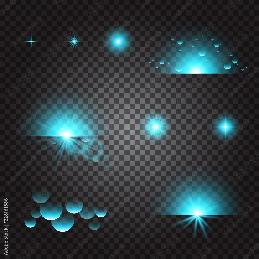 twinkling glitter light. blue light flashes and sparkles on transparent ...