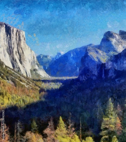 Hand drawing watercolor art on canvas. Artistic big print. Original modern painting. Acrylic dry brush background. Beautiful mountain landscape. Wonderful wild nature view. Traveling resort.