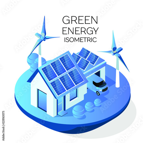 Green energy and eco friendly modern home and car. Solar panels and wind turbine generating electricity. Isometric 3d