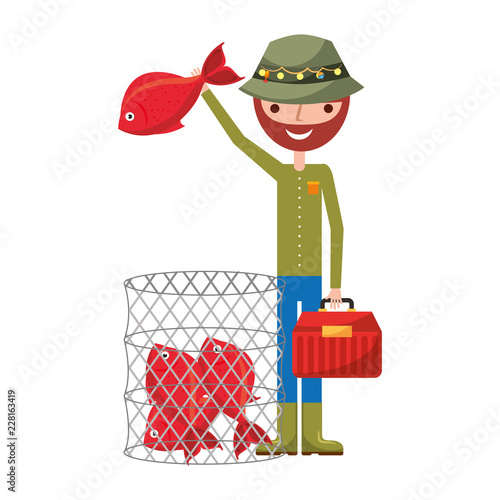fisherman holding fish and basket filled fishes