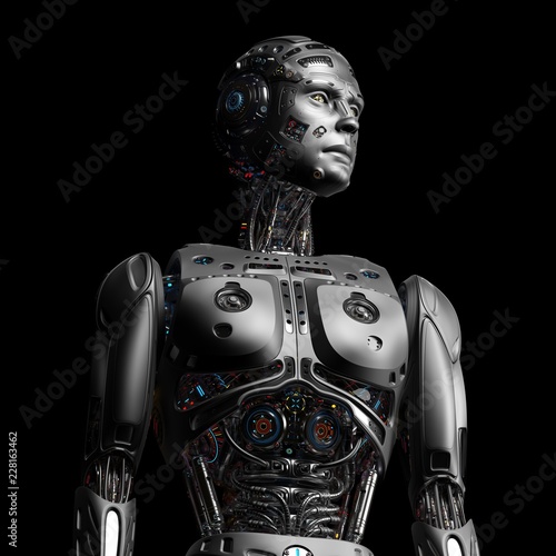 Robot Man or very detailed futuristic cyborg. Isolated on black background.  3D Render Stock Illustration | Adobe Stock